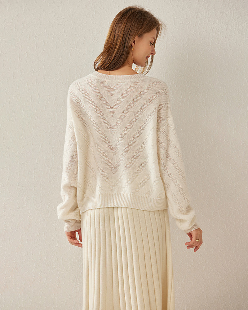 Relaxing Crew-Neck Chevron Cashmere Sweater White
