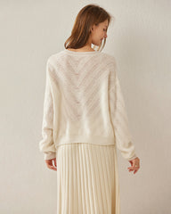 Relaxing Crew-Neck Chevron Cashmere Sweater White