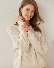 Relaxing Crew-Neck Chevron Cashmere Sweater White