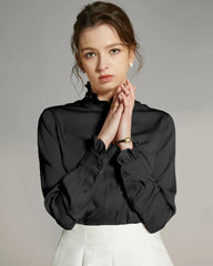 Stand Collar Silk Blouse with Ruffles