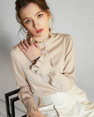 Stand Collar Silk Blouse with Ruffles
