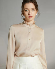 Stand Collar Silk Blouse with Ruffles