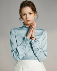 Stand Collar Silk Blouse with Ruffles