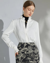 Stand Collar Silk Blouse with Ruffles