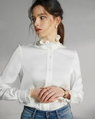 Stand Collar Silk Blouse with Ruffles