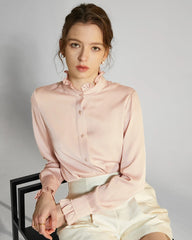Stand Collar Silk Blouse with Ruffles