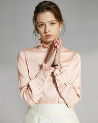 Stand Collar Silk Blouse with Ruffles