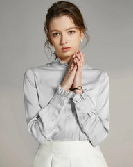 Stand Collar Silk Blouse with Ruffles