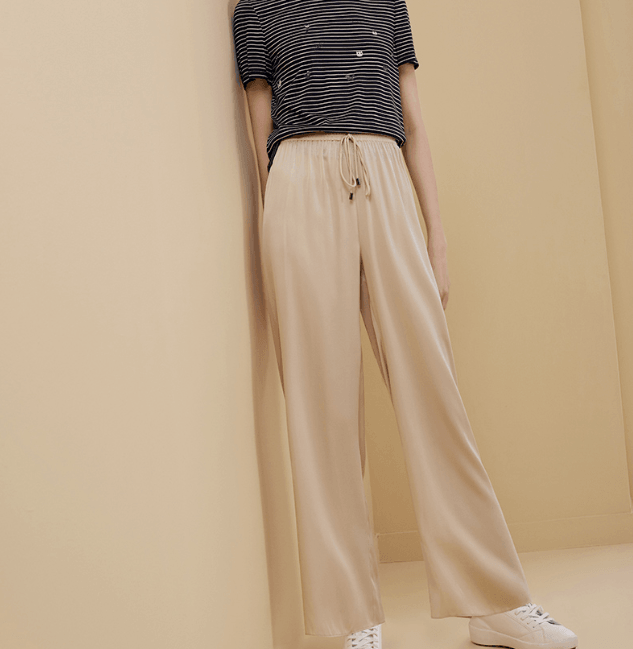 Straight Pendant Wide Leg Silk Pajama Pants Beige