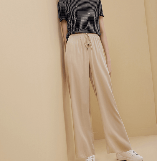 Straight Pendant Wide Leg Silk Pajama Pants Beige