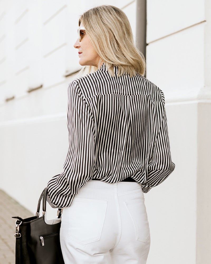 Stripe Silk Blouse for Women Black