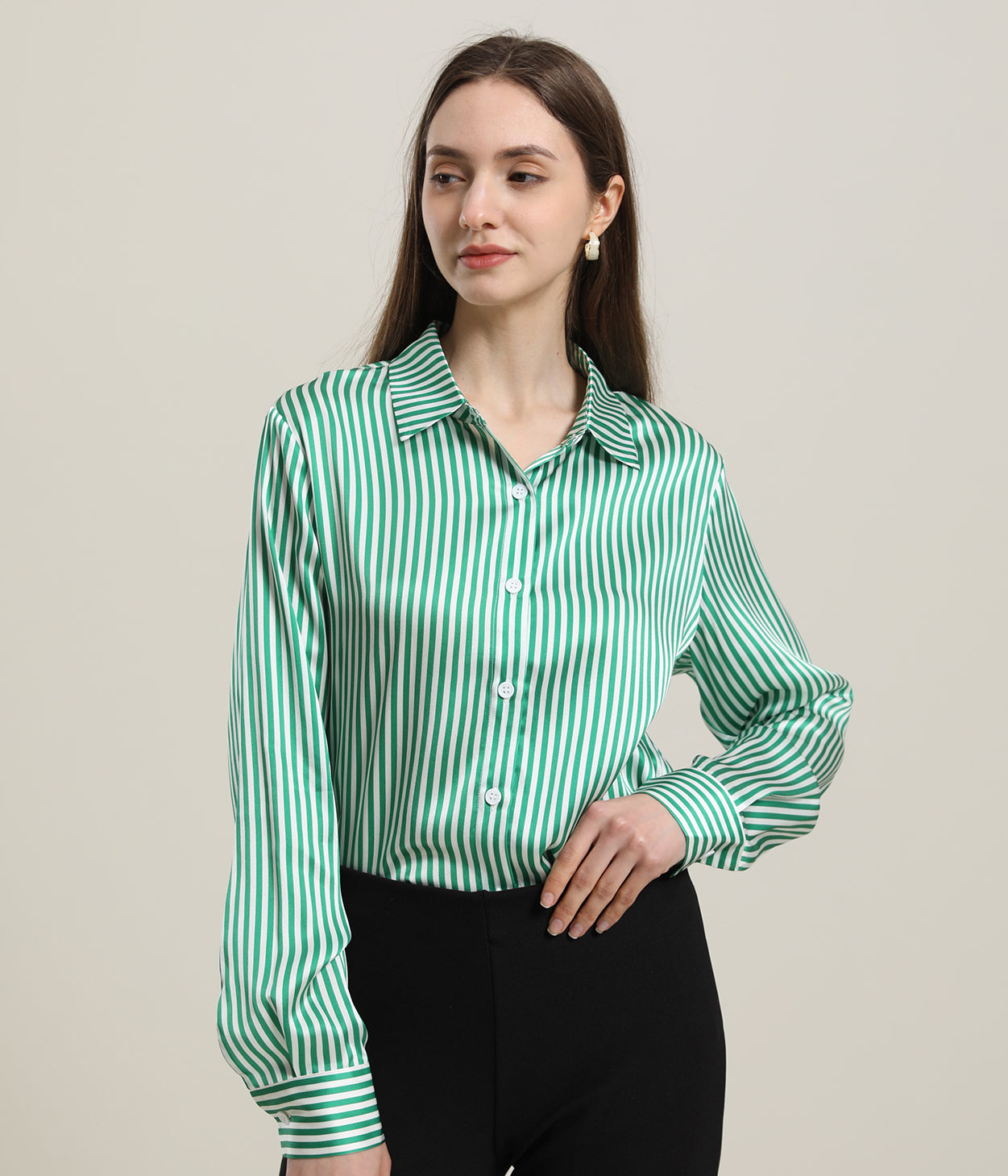Stripe Silk Blouse for Women Green