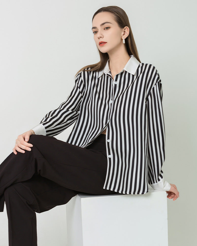 Women Relaxed Stripe Silk Shirt Black