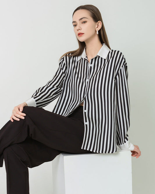 Women Relaxed Stripe Silk Shirt Black