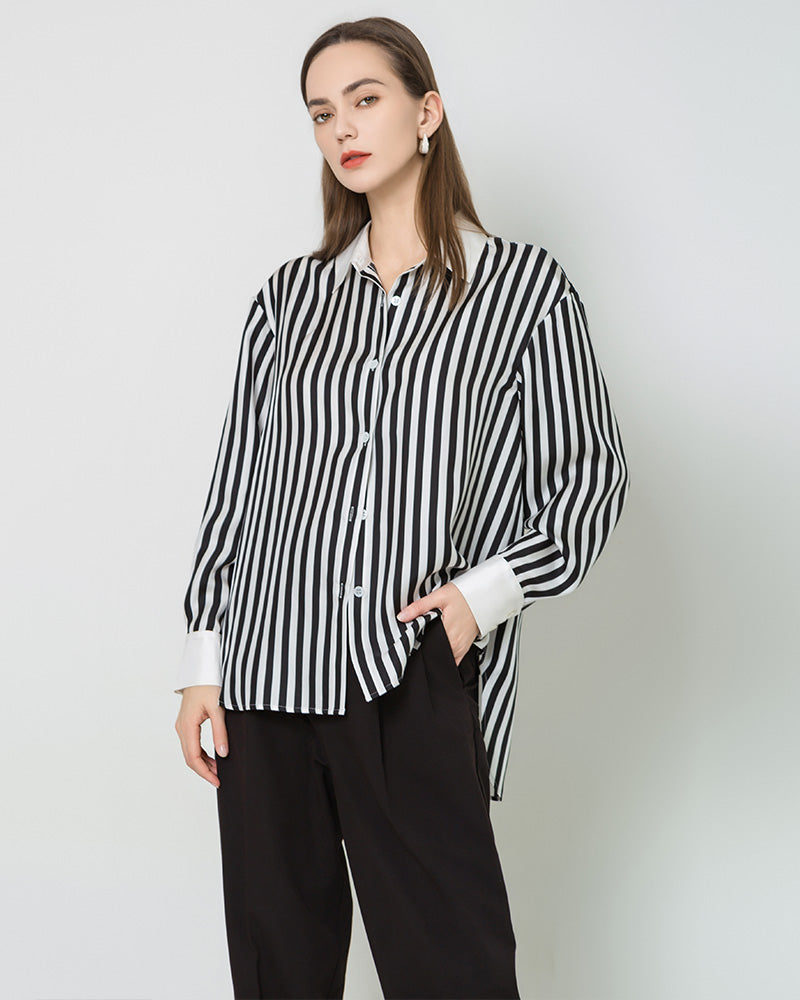 Women Relaxed Stripe Silk Shirt Black