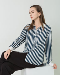Women Relaxed Stripe Silk Shirt Navy