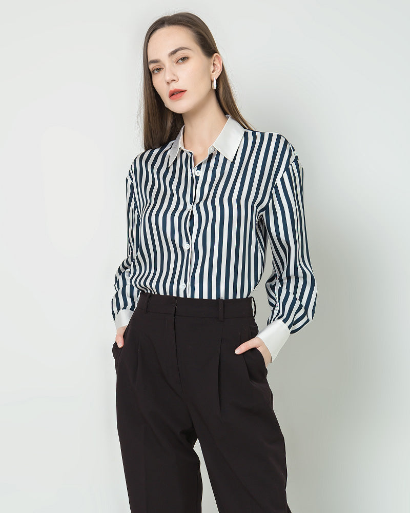 Women Relaxed Stripe Silk Shirt Navy