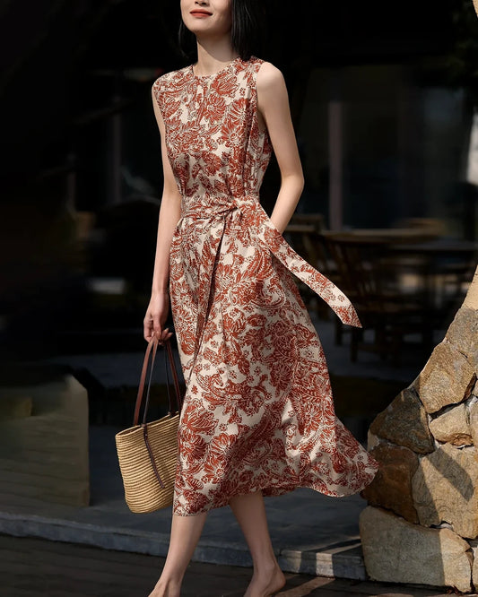 Terracotta Paisley Print Silk Dress