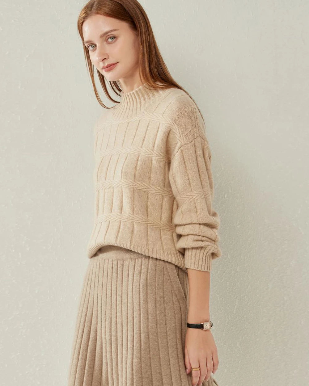 Textured Mock Neck Cashmere Sweater Camel