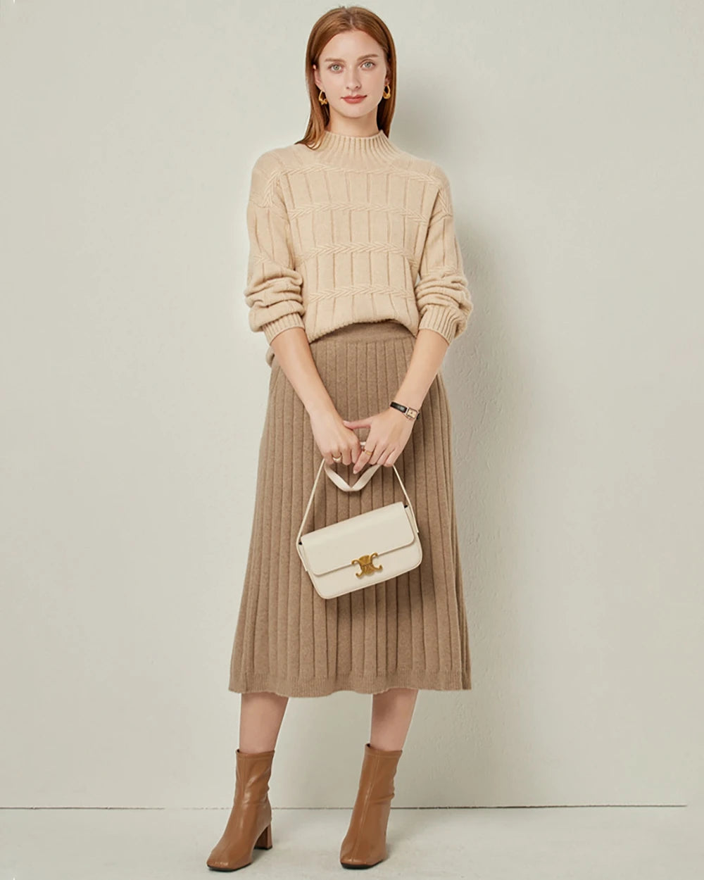 Textured Mock Neck Cashmere Sweater Camel