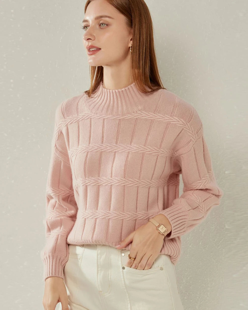 Textured Mock Neck Cashmere Sweater Pink