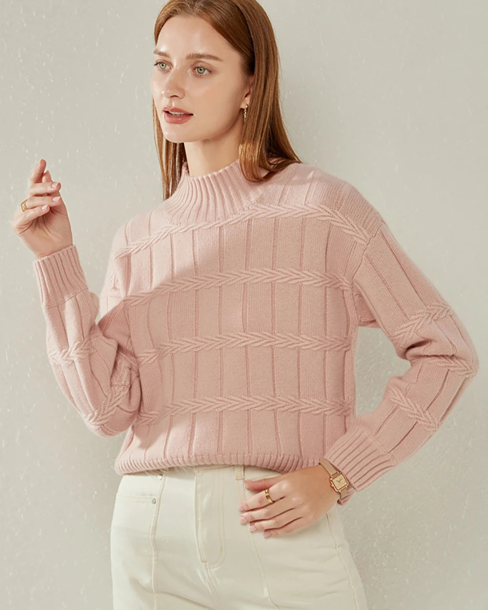 Textured Mock Neck Cashmere Sweater Pink