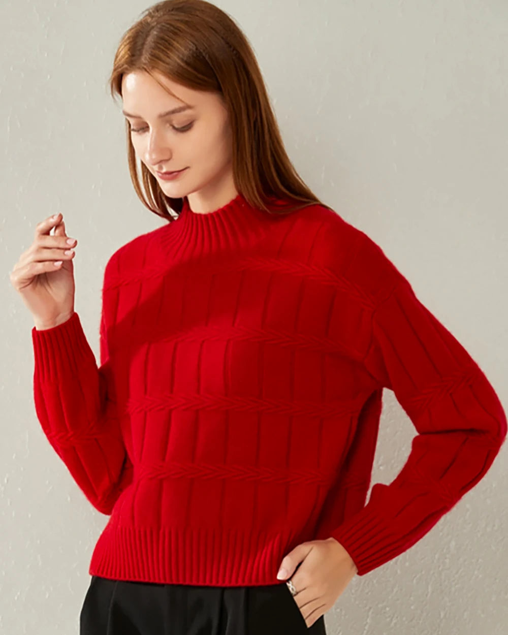 Textured Mock Neck Cashmere Sweater Red