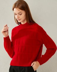 Textured Mock Neck Cashmere Sweater Red