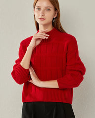 Textured Mock Neck Cashmere Sweater Red