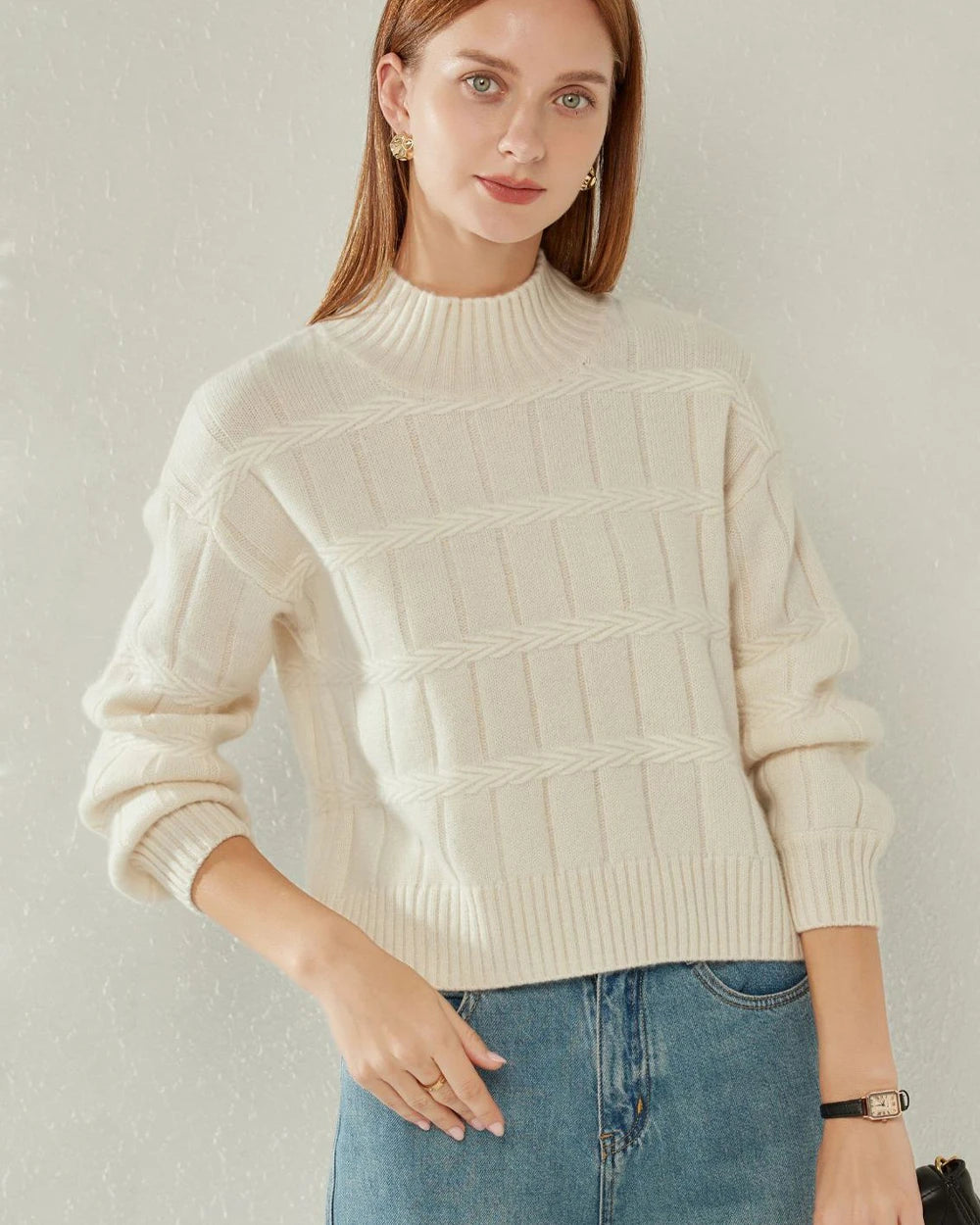Textured Mock Neck Cashmere Sweater White