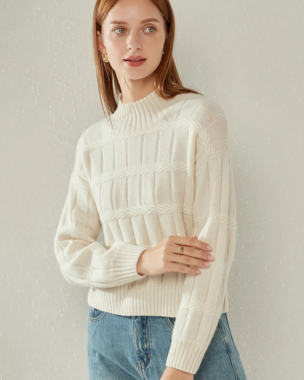Textured Mock Neck Cashmere Sweater White