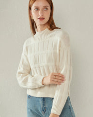 Textured Mock Neck Cashmere Sweater White