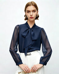Tie Neck Silk Blouse with Sheer Sleeves
