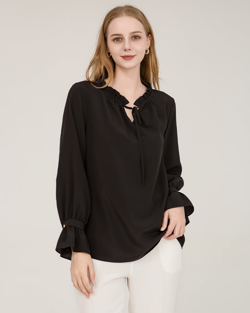 Tie Neck Silk Shirt With Ruffle Details Black