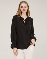 Tie Neck Silk Shirt With Ruffle Details Black