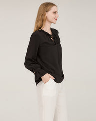 Tie Neck Silk Shirt With Ruffle Details Black