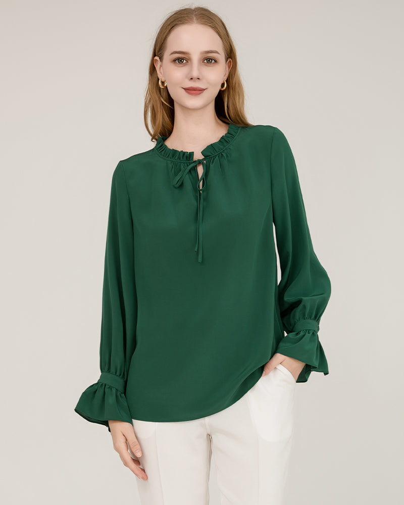 Tie Neck Silk Shirt With Ruffle Details Green