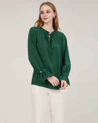 Tie Neck Silk Shirt With Ruffle Details Green