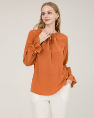 Tie Neck Silk Shirt With Ruffle Details Orange