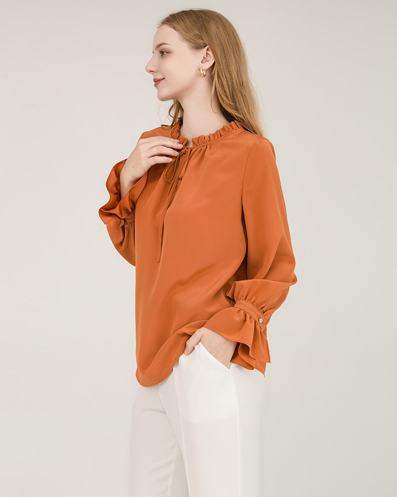 Tie Neck Silk Shirt With Ruffle Details Orange