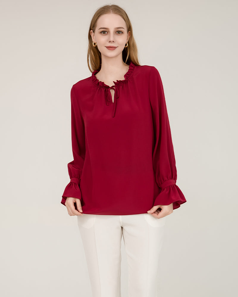 Tie Neck Silk Shirt With Ruffle Details Red