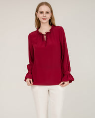 Tie Neck Silk Shirt With Ruffle Details Red