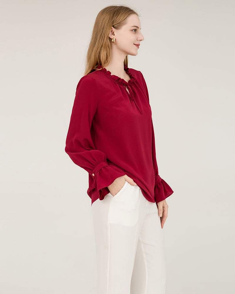Tie Neck Silk Shirt With Ruffle Details Red