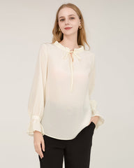 Tie Neck Silk Shirt With Ruffle Details White