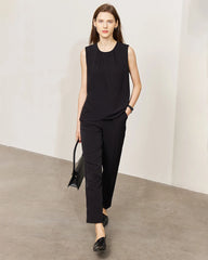 Triacetate Pleated Crew Neck Sleeveless Blouse