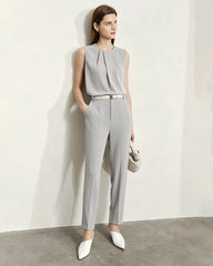 Triacetate Pleated Crew Neck Sleeveless Blouse