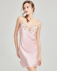 V Neck Lace Silk Nightgown Pink