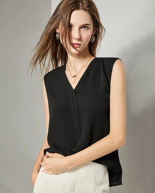 V-neck Sleeveless Top Silk Shirt Black
