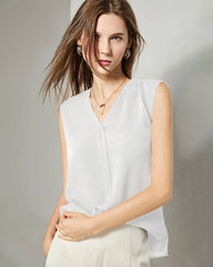 V-neck Sleeveless Top Silk Shirt White
