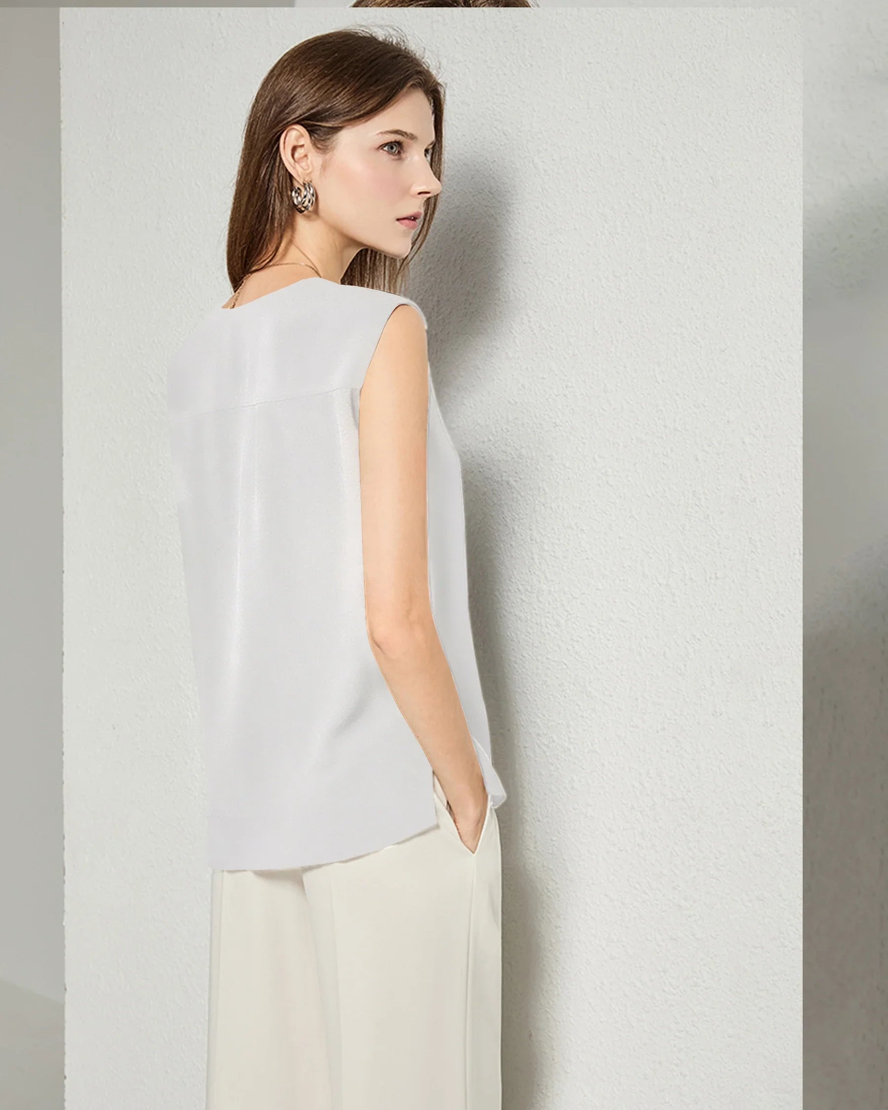 V-neck Sleeveless Top Silk Shirt White